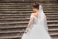 Bride in a white wedding dress, back view, wedding day Royalty Free Stock Photo