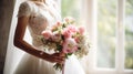 Bride in white wedding dress holding bridal bouquet Royalty Free Stock Photo