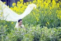 Bride with white wedding dress in flower field Royalty Free Stock Photo