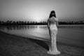 Bride white wedding dress stand on sandy beach. Wedding dress. Bride happy enjoy sunset ocean background. Evening Royalty Free Stock Photo