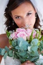 Bride woman, bouquet and portrait at wedding with flowers, pride and commitment at event, celebration and party. Girl Royalty Free Stock Photo