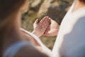 Bride& x27;s and groom& x27;s hand with wedding rings on the palms. Royalty Free Stock Photo