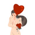 Bridegroom, beautiful young woman holding red heart shape balloon and bouquet of flowers vector illustration