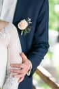 The bridegroom embraces the bride`s shoulder Royalty Free Stock Photo