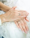 Bridegroom hands on a bride hands. Love and care Royalty Free Stock Photo
