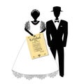 The bridegroom in the hat and the bride is holding Ktuba Hebrew in translation of the marriage contract. Jewish wedding