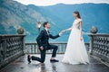 Bridegroom proposes marriage on a bridge