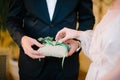 The bridegroom puts the wedding ring on the bride close up. The bride puts the bridegroom on the wedding ring Royalty Free Stock Photo