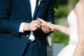 The bridegroom puts the wedding ring on the bride close up. The bride puts the bridegroom on the wedding ring Royalty Free Stock Photo