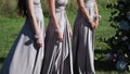 Bridemaids in blue gray dresses staying at wedding ceremony outdoors