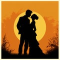 Romantic Silhouette Of Married Couple On Yellow Background