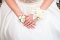 Brides hands with wedding rings close up