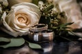 The Brides Ring Placed On Top Of The Grooms Ring With A Small Bouquet Of Flowers In The Background. Generative AI Royalty Free Stock Photo