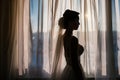 brides silhouette through sheer curtains Royalty Free Stock Photo
