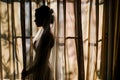 brides silhouette through sheer curtains Royalty Free Stock Photo