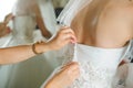 Bridesmaid Buttoning Wedding Dress Royalty Free Stock Photo