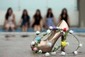 Bridesmaid concept cover photo having women high heels tiaras in focus and 5 girls in BG