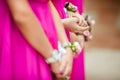 Bridesmaids in Bright Pink Dresses Standing in Row Royalty Free Stock Photo