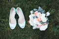 Bridesmaids legs. Bride with her girlfriends in coloured beautiful dresses in wedding party