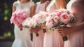 Bridesmaids in pink dresses and bride holding beautiful bouquets. Beautiful luxury wedding blog concept. Summer wedding Royalty Free Stock Photo