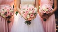 Bridesmaids in pink dresses and bride holding beautiful bouquets. Beautiful luxury wedding blog concept. Summer wedding Royalty Free Stock Photo