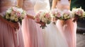 Bridesmaids in pink dresses and bride holding beautiful bouquets. Beautiful luxury wedding blog concept. Summer wedding Royalty Free Stock Photo