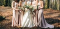 Bridesmaids in powder pink pastel dresses are standing near the bride and groom outdoors. Beautiful girls on wedding day. Elegant Royalty Free Stock Photo