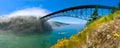 Deception pass bridge in foggy morning. Royalty Free Stock Photo