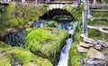 Bridge above a waterfall surrounded by rocks covered in mosses in Krka National Park in Croatia Royalty Free Stock Photo