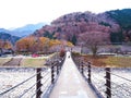 The bridge across Shogawa river at historic Japanese Shirakawa-go village in autumn, Japan Royalty Free Stock Photo
