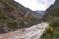 Bridge across the Urubamba river at the start point of the Inca Trail to Machu Picchu. Cusco, Peru Royalty Free Stock Photo