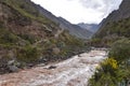 Bridge across the Urubamba river at the start of the Inca Trail to Machu Picchu. Cusco, Peru Royalty Free Stock Photo