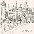 Amsterdam, Holland, Netherlands, Europe. Travel Vintage Hand Drawn Postcard