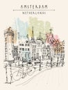 Amsterdam, Holland, Netherlands, Europe. Travel vintage hand drawn postcard Royalty Free Stock Photo