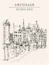 Amsterdam, Holland, Netherlands, Europe. Travel vintage hand drawn postcard Royalty Free Stock Photo