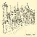 Amsterdam, Holland, Netherlands, Europe. Travel Vintage Hand Drawn Postcard