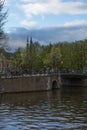 Bridge with bikes and lanterns in the twilight