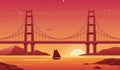 Bridge and boat at sunset flat vector illustration. Beautiful San Francisco landscape, pleasure boat with Golden Gate