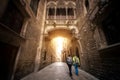 Bridge between buildings in Barri Gotic quarter of Barcelona Royalty Free Stock Photo