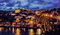 Bridge and buildings in the night skyline of Porto