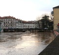 bridge called Ponte Pusterla in the city of Vicenza in northern Italy during the flood with the Bacchiglione river in full