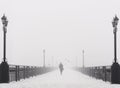 Bridge city landscape in foggy snowy winter day Royalty Free Stock Photo