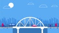 A bridge on the city sky scrapers background. Red retro style cars. Vector. Blue and red color scheme