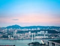 Bridge and city in sunset Royalty Free Stock Photo