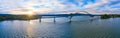 Bridge connecting New York to Vermont panoramic aerial during sunset