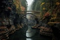 a bridge connecting two cliffs in a forest Royalty Free Stock Photo