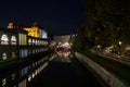 Panorama of Ljubljanica river with the Tromostovje triple most rbidge in Ljubljana, capital city of Slovenia Royalty Free Stock Photo