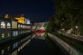 Panorama of Ljubljanica river with the Tromostovje triple most rbidge in Ljubljana, capital city of Slovenia Royalty Free Stock Photo