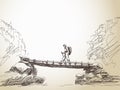 Bridge crossing river with trekking woman