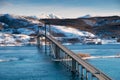 Bridge at the day time. Road and transport. Natural landscape in the Lofoten islands, Norway Royalty Free Stock Photo